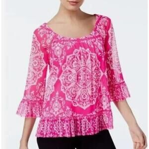 INC Size Medium White Pink Ruffled Nordic Bell Sleeve Square Neck Top Boho Flair
